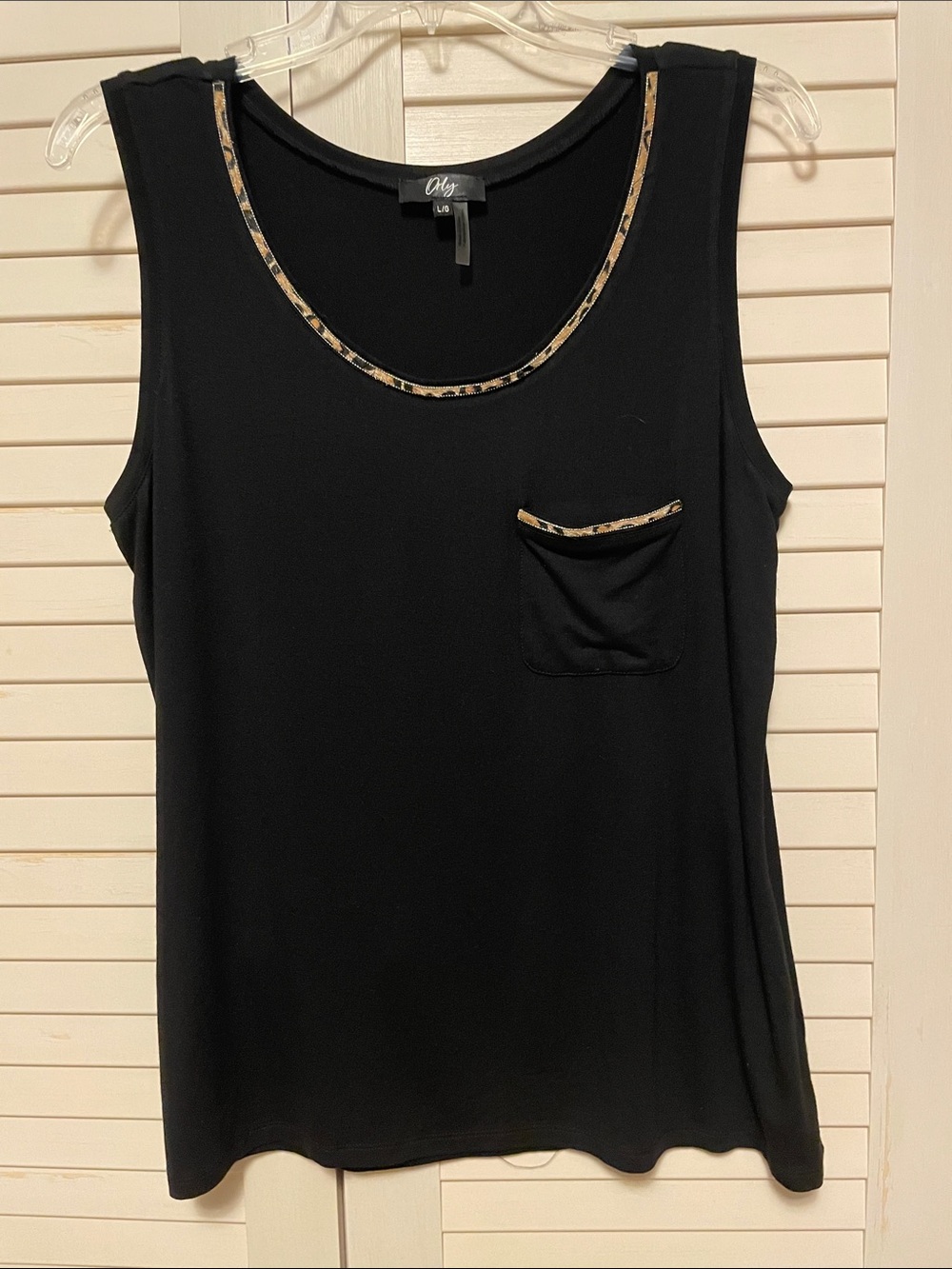 Orly Black Tank Top with Leopard faux pony hair and beading Trim